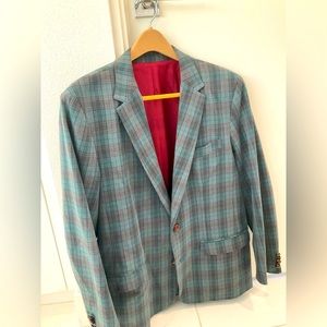 Mr Turk Mens Sport Coat Teal & Burgundy Plaid Size 42R